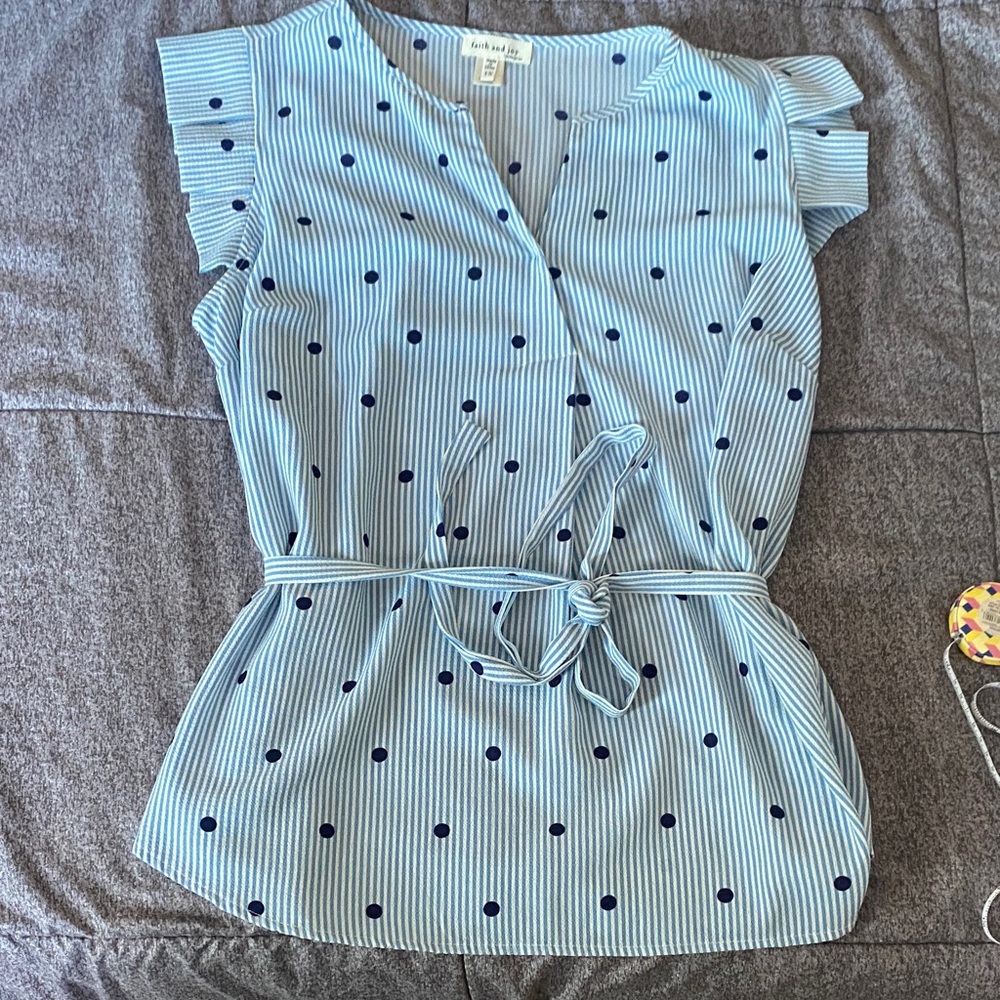 Faith and Joy Blue Striped Blouse with Navy Dots